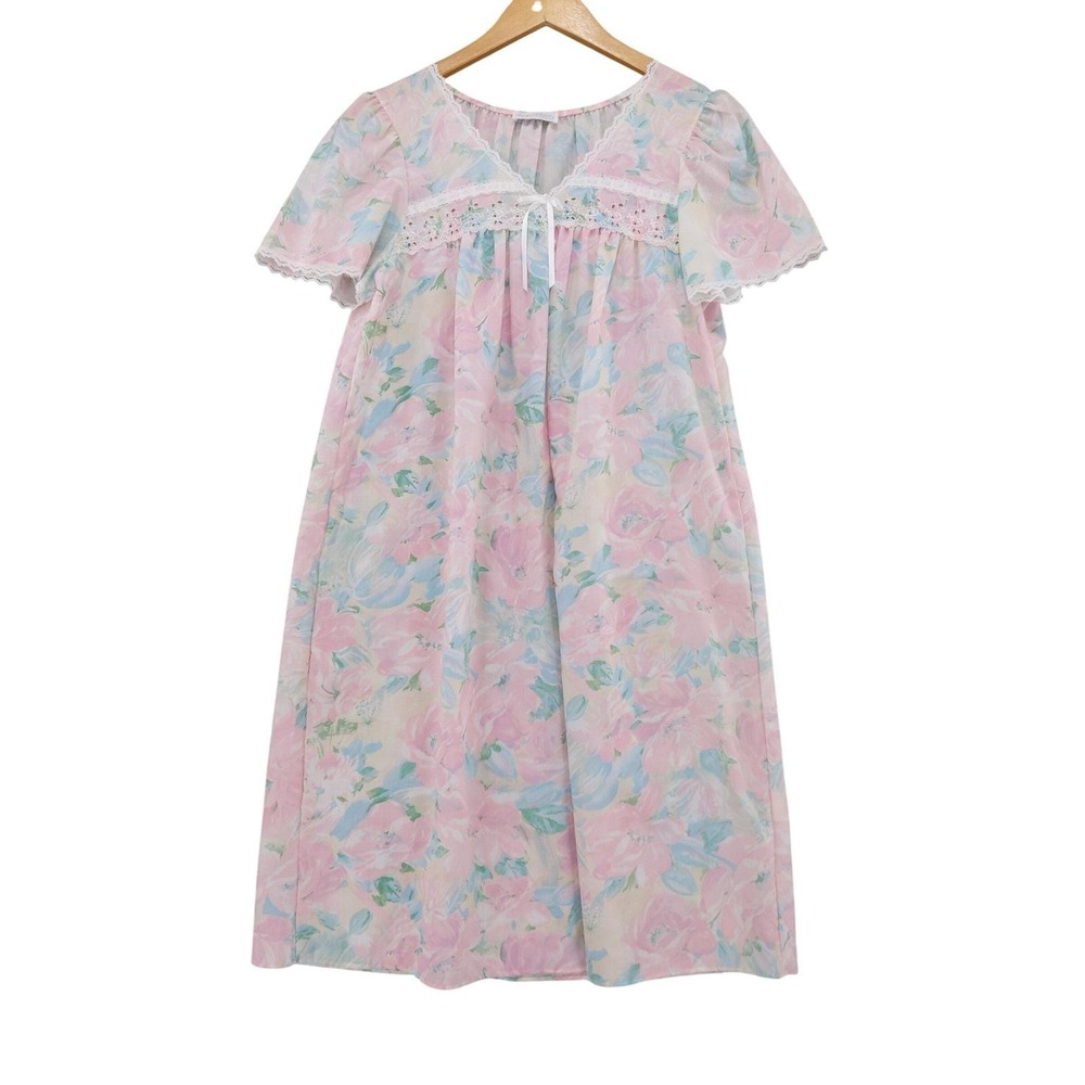 Vintage Miss Elaine Nightgown Sz Medium Pink Floral Lace Trim Short Sleeve USA - Picture 2 of 11